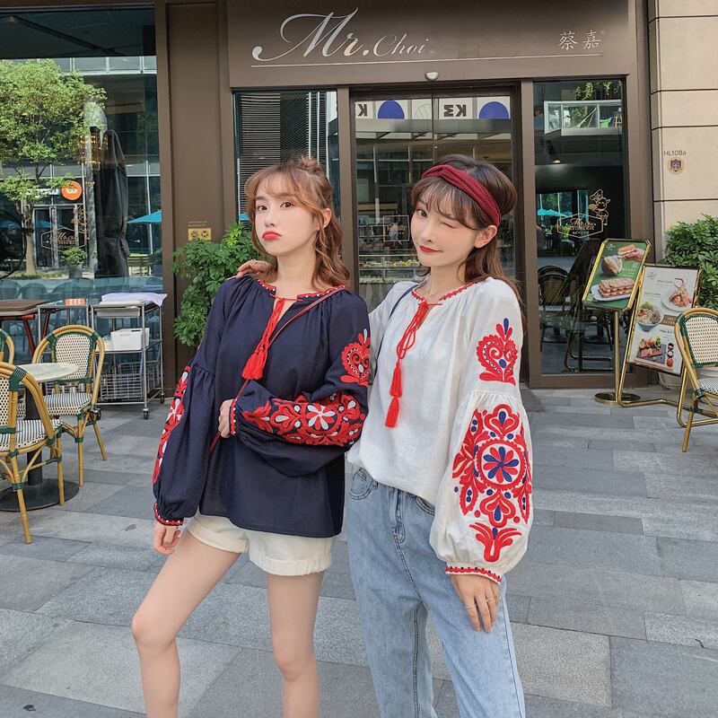 エスニックスタイルシャツ ルーズスリーブショートトップス オータム レッド ランタンスリーブ コットン 刺繍 秋物 延命家ファッション8159159