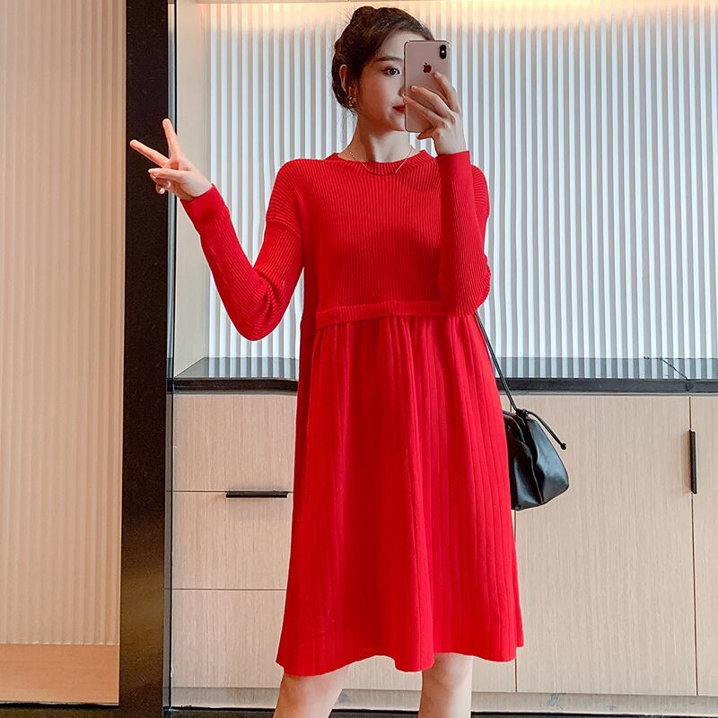 【新作】【送料無料】 マタニティウェア2020秋/冬の新しいニットルーズスタンドアップ母乳育児ドレスミドルレングス産後看護ドレス-アリババ オータム 秋物 ウィンター 冬物 expec2390317913