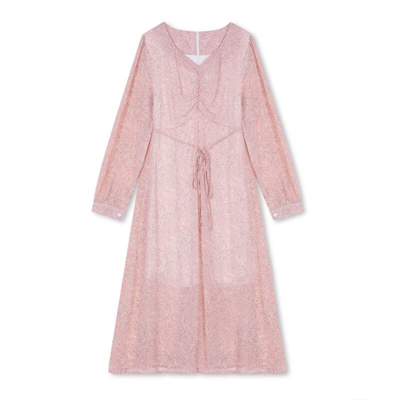 花柄ワンピース 長袖シフォン 大人可愛い 花柄 ワンピース