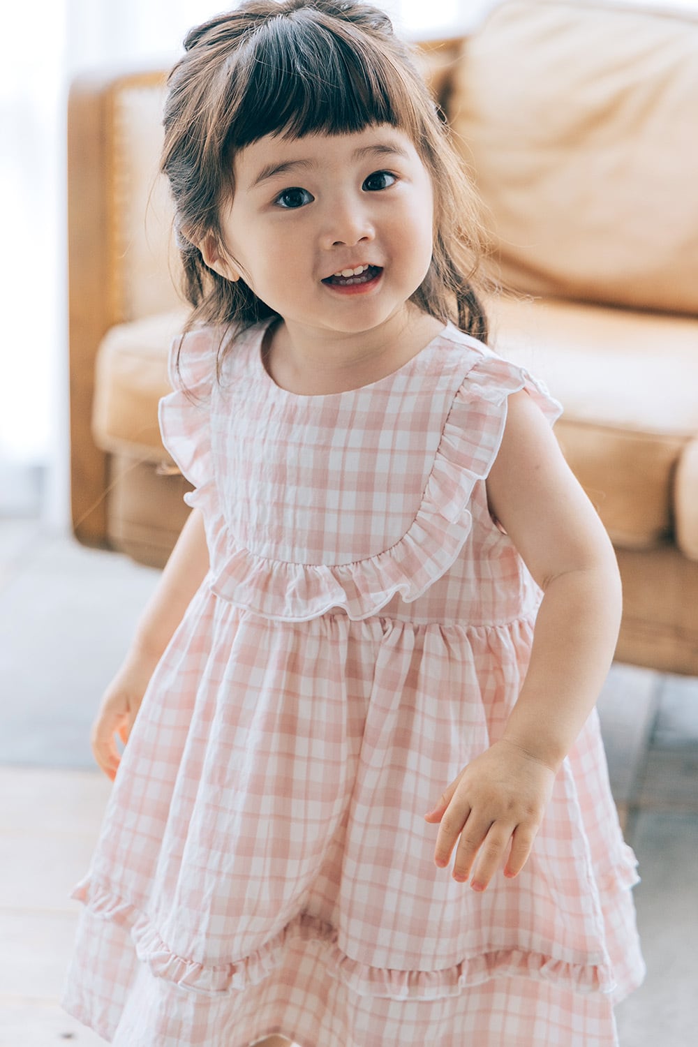 ラウンドフリルワンピース〈pink check〉