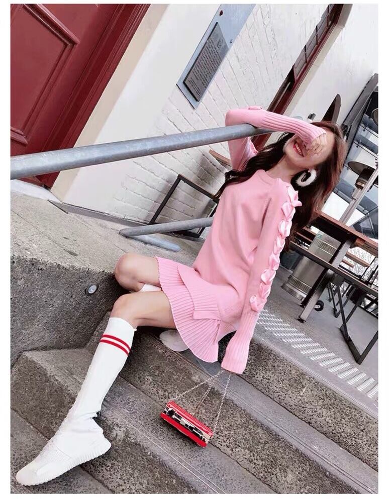 ピンク ニット ワンピース 長袖 リボン プリーツ スカート かわいい