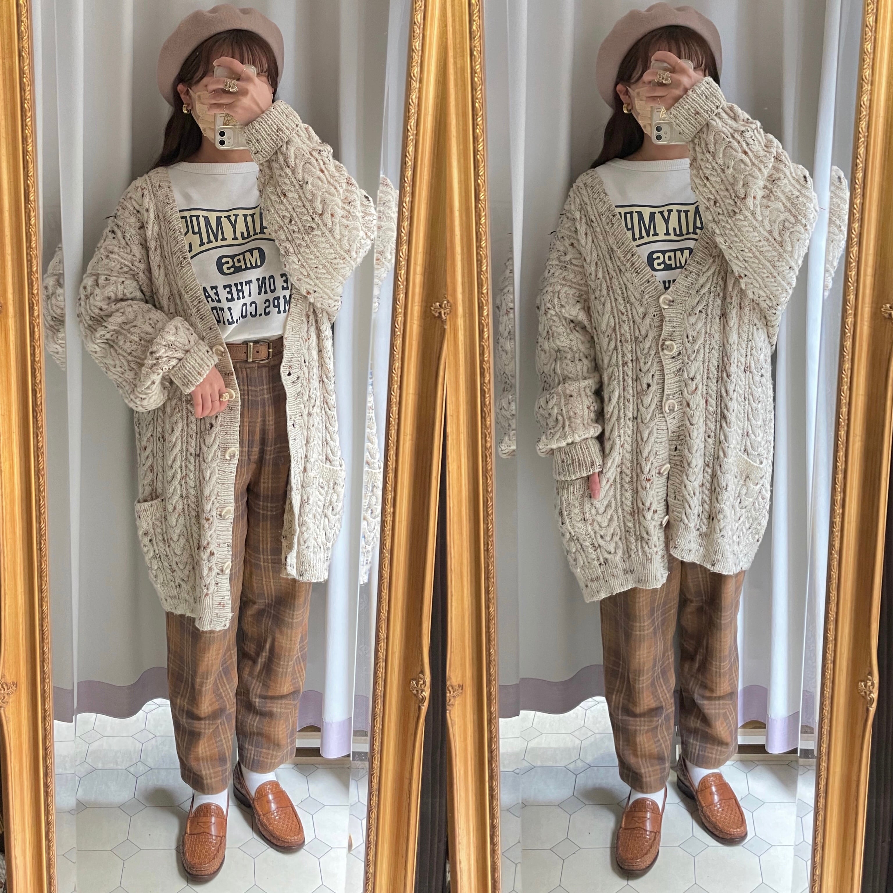 nep mix oversized cable cardigan〈レトロ古着 ネップ混ケーブル編み