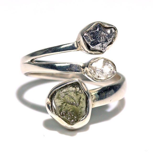 〔R469-28〕天然モルダバイト 鉄隕石 ハーキマーダイヤモンド sv925 リング 指輪 サイズフリー meteorite