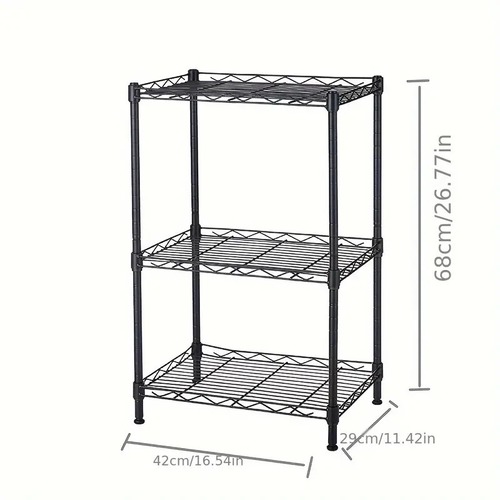 ワイヤーシェルフ ラック  ステンレス ３段 奥行き29cm 高さ68cm 幅42cm 組み立て簡単 頑丈 調節可能 リビング キッチン バスルーム 黒 ブラック
