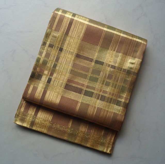 【ふくろ帯】ゴールドブラウン系　格子文　ふくろ帯　全通