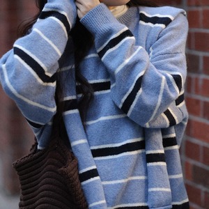 hooded shawl multi-striped knit　J00370