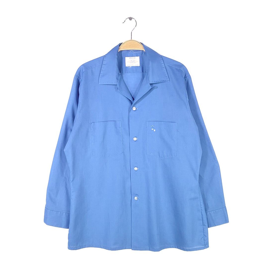 70s アロー USA製 ヴィンテージオープンカラーシャツ ワンポイント刺繍 開襟 ボックス型 ARROW メンズM 古着 @CA1465