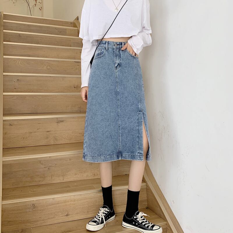 スカート ハイウェストウェストAラインスプリングオータムロング 春物 秋物 試着室11362510966