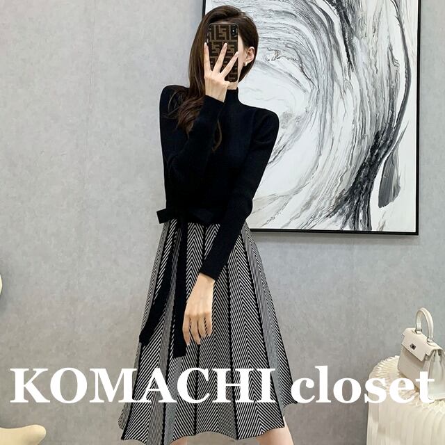 【送料無料】 ワンピース ストライプ ニットワンピ プリーツ リボン 長袖 韓国 レディース ニット ハイウエスト 膝丈 Aラインスカート かわいい 可愛い 大人可愛い 大人女子 きれいめ シンプル カジュアル 大人 上品 お洒落 こなれ感 エレガント フェミニン M L XL 2XL ブラック 秋冬 入学式 入園式 卒業式 卒園式 オルチャン 楽ちん 高級感 高見え 着痩せ 着やせ ママ 10代 20代 休日 女子会 デート 普段使い 使いやすい 動きやすい 美脚 スタイルアップ お得