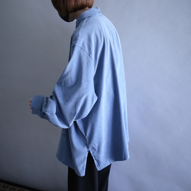"花×刺繍" saxe blue wide over silhouette fake suede shirt jacket