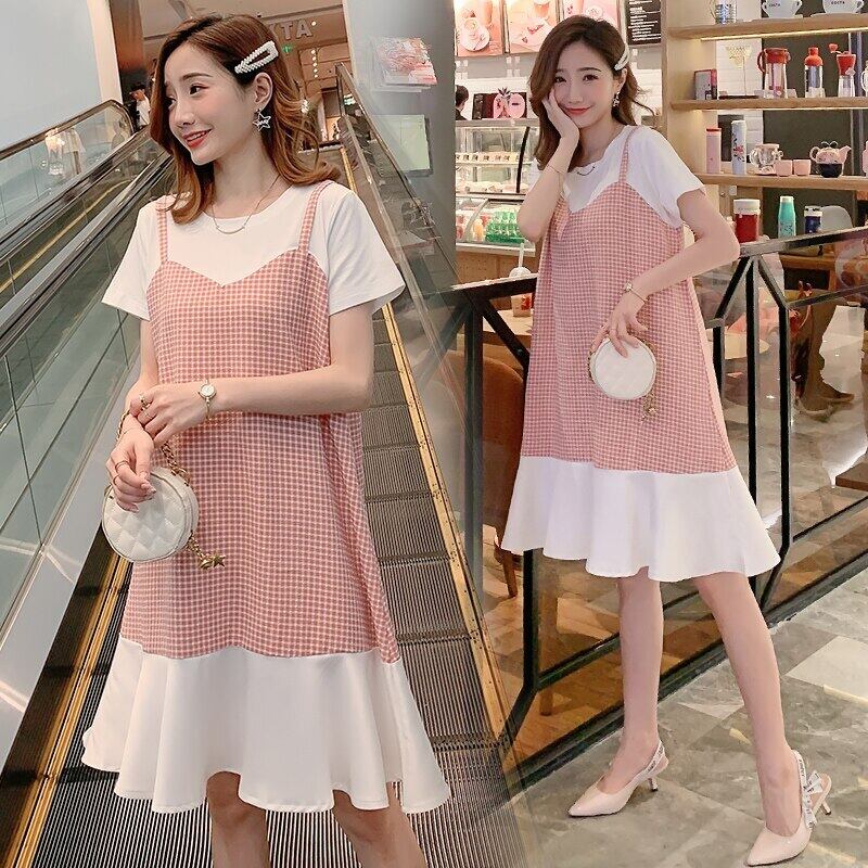 【新作】【送料無料】 マタニティ服ルーズスタイリッシュOネックワンピースレイヤールックドレス妊婦夏半袖ドットママドレス ショート ハーフスリーブ サマー 夏物 AL expec356358120612