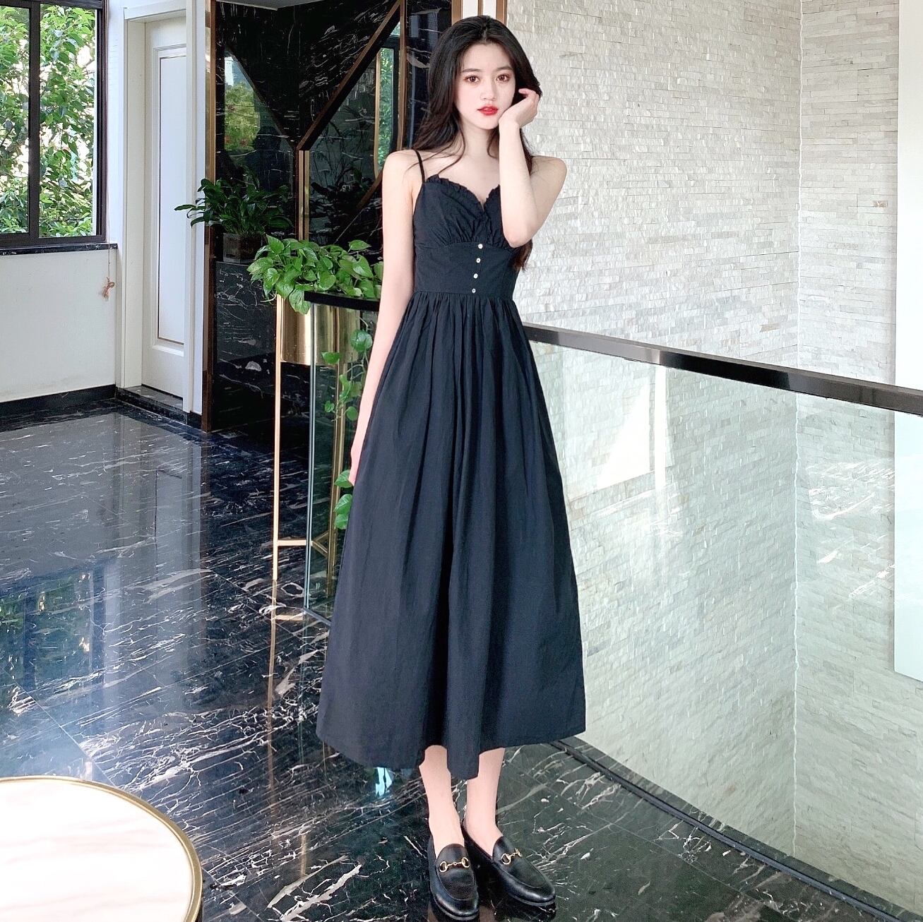 ガールフレンドドレス2020夏ミドル丈スカート気質ウエストフレンチドレス女神ファンネットレッドサスペンダースカート 1号婦人12409106935