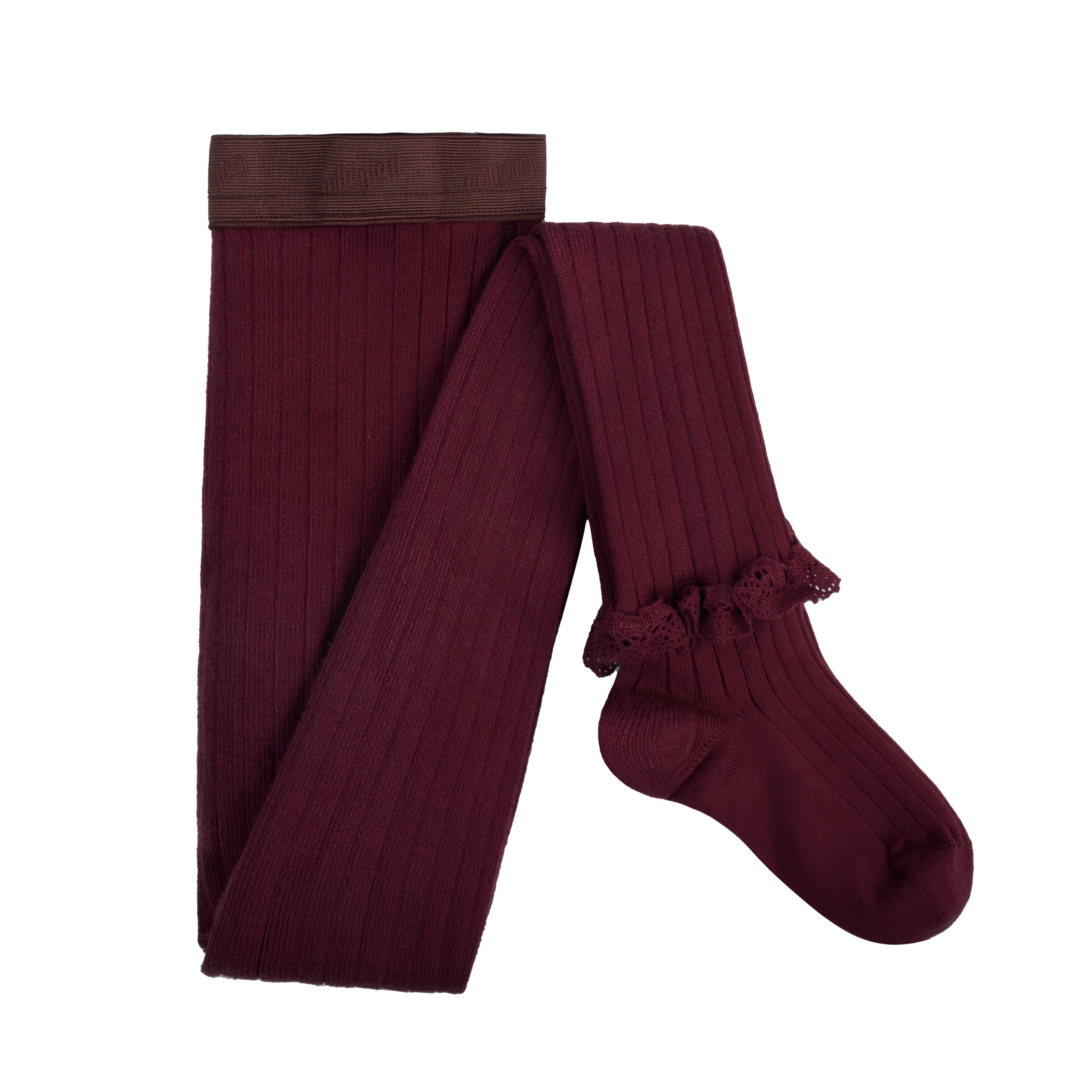 【Collégien】Chloé - Lace Frill Ribbed Tights - Bordeaux Grand Cru