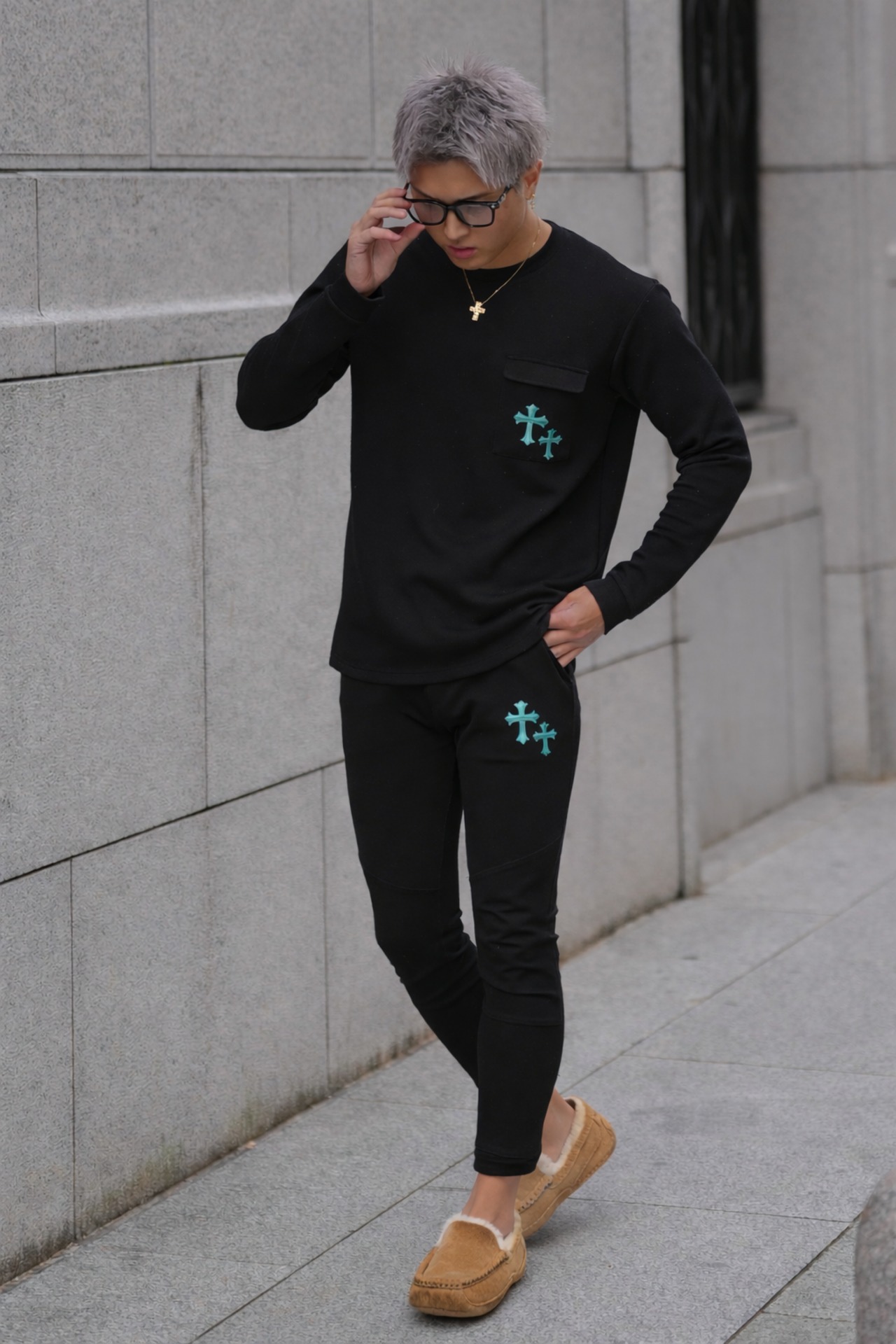 RHINE STONE CROSS SHIRT BLUE【OW25BD008】