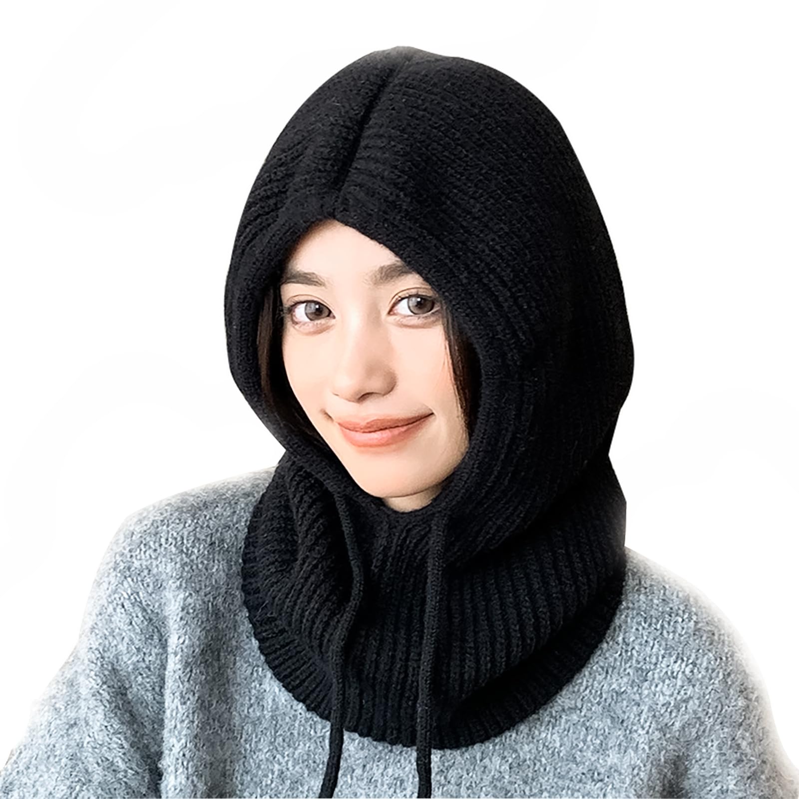 【人気】ニット帽 レディース 冬 防寒帽子 ふわふわ 偽フードのシャツ ファッション 伸縮性 帽子マフラーストール一体 柔らかい 小顔効果 黒