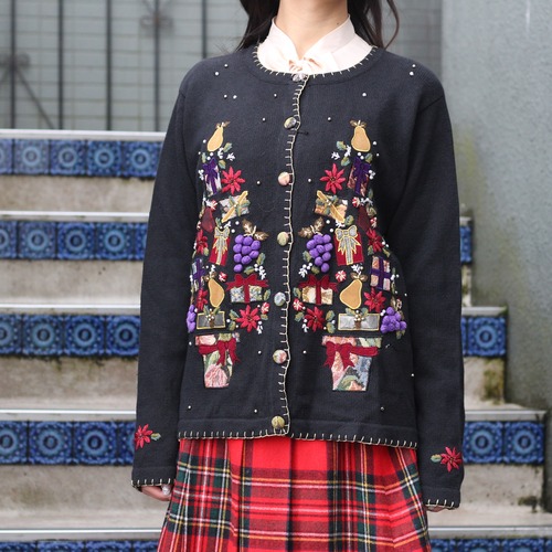 USA VINTAGE VICTORIA JONES PRESENT EMBROIDERY DESIGN KNIT CARDIGAN/アメリカ古着プレゼント刺繍デザインニット