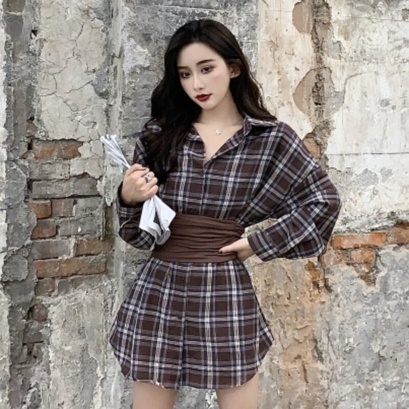 格子柄スプリングトップス ロング ブラウス 春物 YY-ファッション13302756007