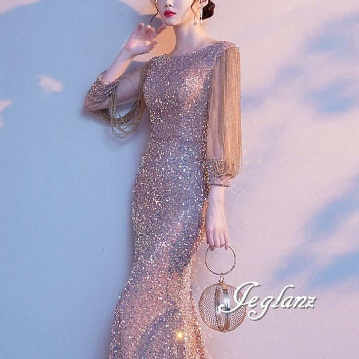 華やか イブニングドレス マーメイド 肌見せ スパンコール キラキラ 光沢感(M7669)ζ