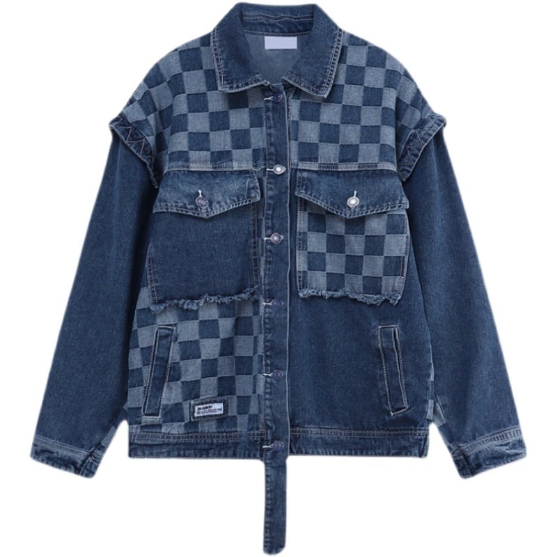 チェック柄デニムクロップドジャケット ブロックチェック柄 デニムジャケット アウター デニム ジャケット G