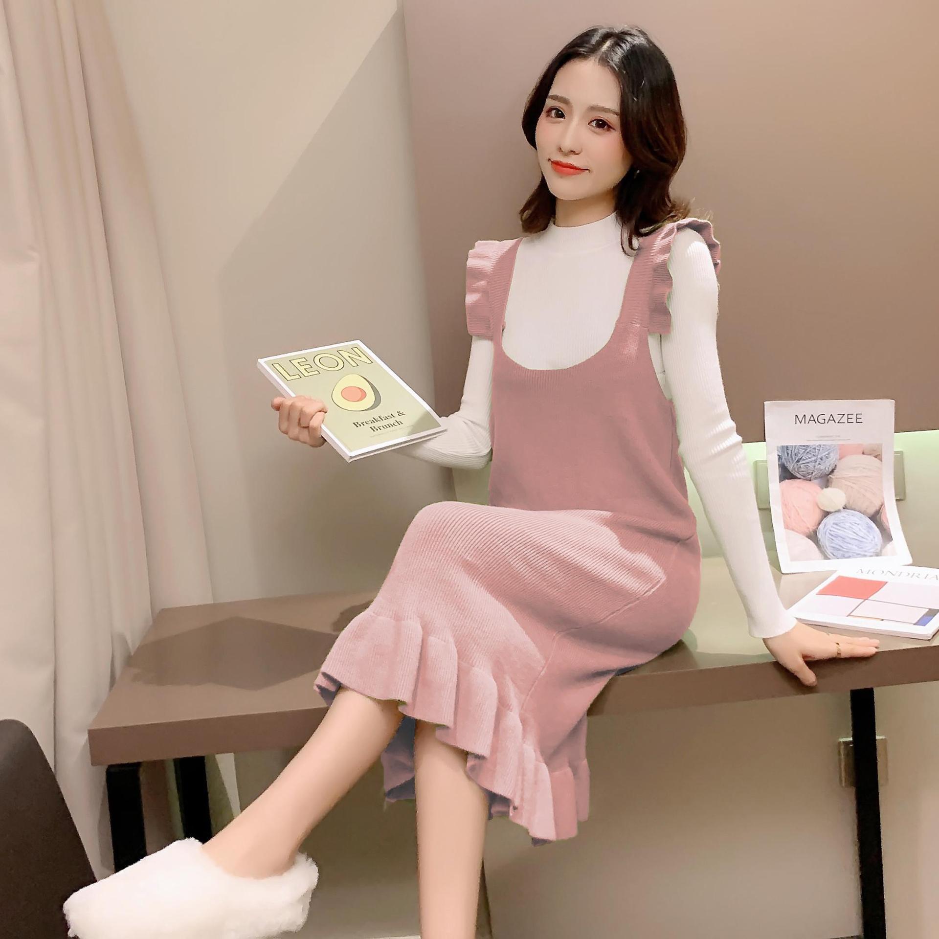 【新作】【送料無料】 マタニティウェア2019秋と冬の新しいニット母乳育児セーター+サスペンダースカートミドルレングス母乳育児ツーピースセット-アリババ オータム 秋物 ウィンター 冬物 expec212883022722