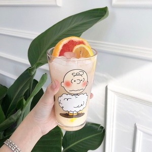snoopy printing glass cup 450ml / スヌーピー チャーリー３面 コップ ストローセット韓国 北欧