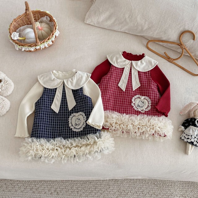 【BABY&KID】暖かいウサギチェックワンピース