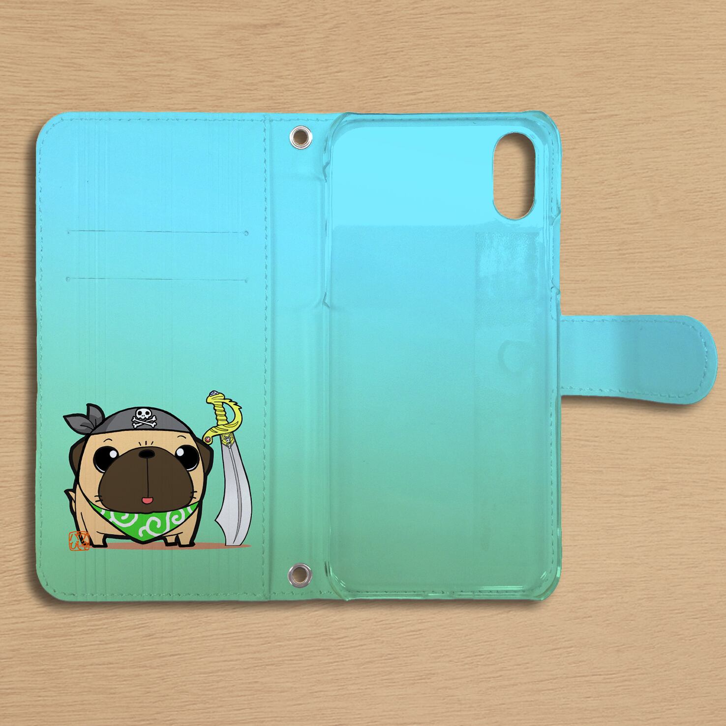 スタンド付き 両面印刷 手帳型 iphoneケース 海賊パグ（フォーン）