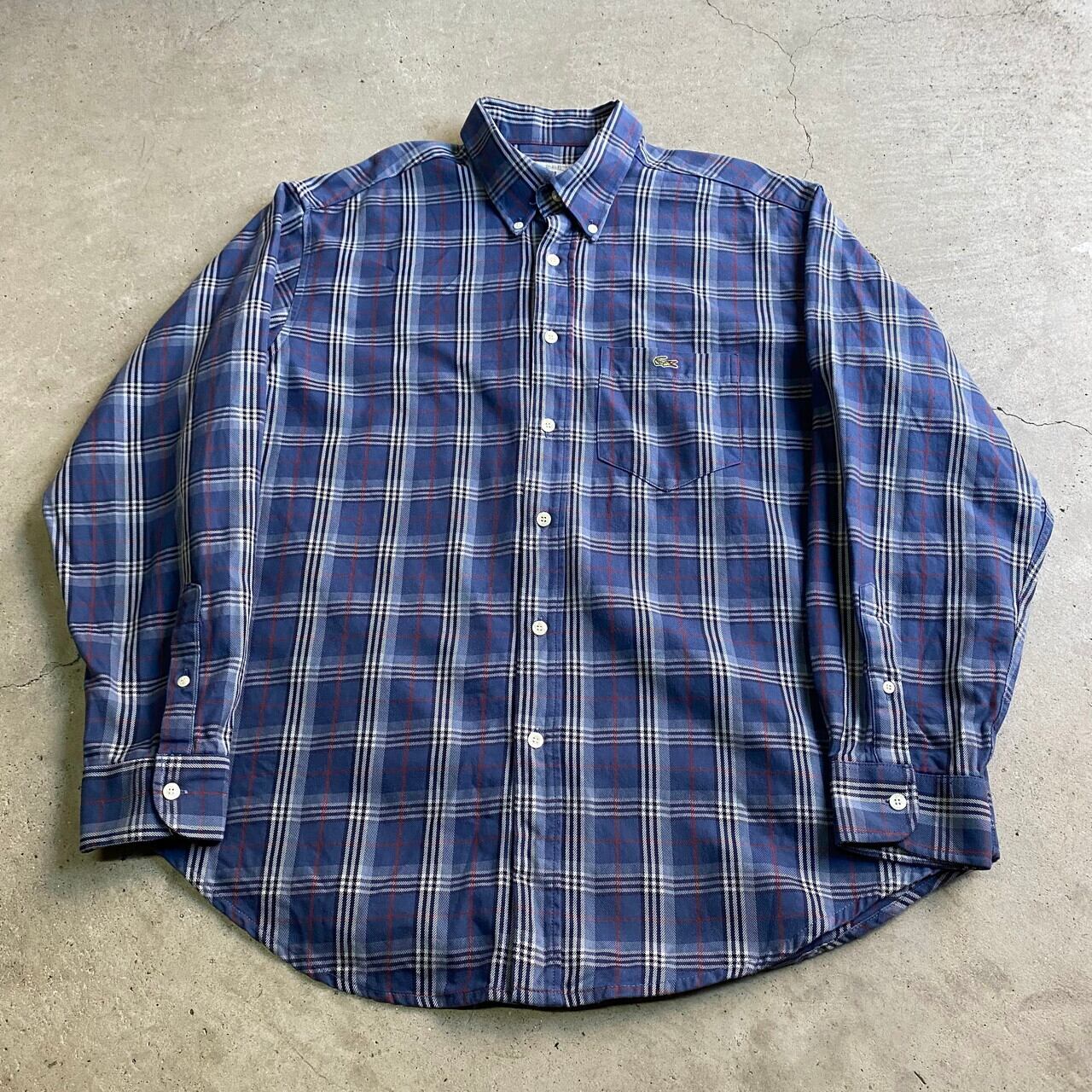 80年代 フランス製 Lacoste ラコステ ボタンダウン チェックシャツ 長袖シャツ メンズxl相当 古着 ブルー 青 80sビンテージ ヴィンテージ Lacoste 長袖シャツ Sa24 Cave 古着屋 公式 古着通販サイト