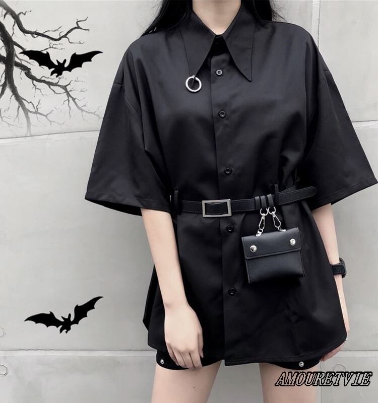 シャツ ブラウス チュニック ミニバッグ付き 黒 ブラック ベルト付き ロング ピープス オルチャン 韓国ファッション 667 Amouretvie 韓国系 モード系 個性的ファッションの通販サイト