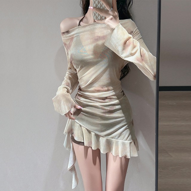 水着 3点セット 不規則 温泉 プリント コーヒー色 S M L