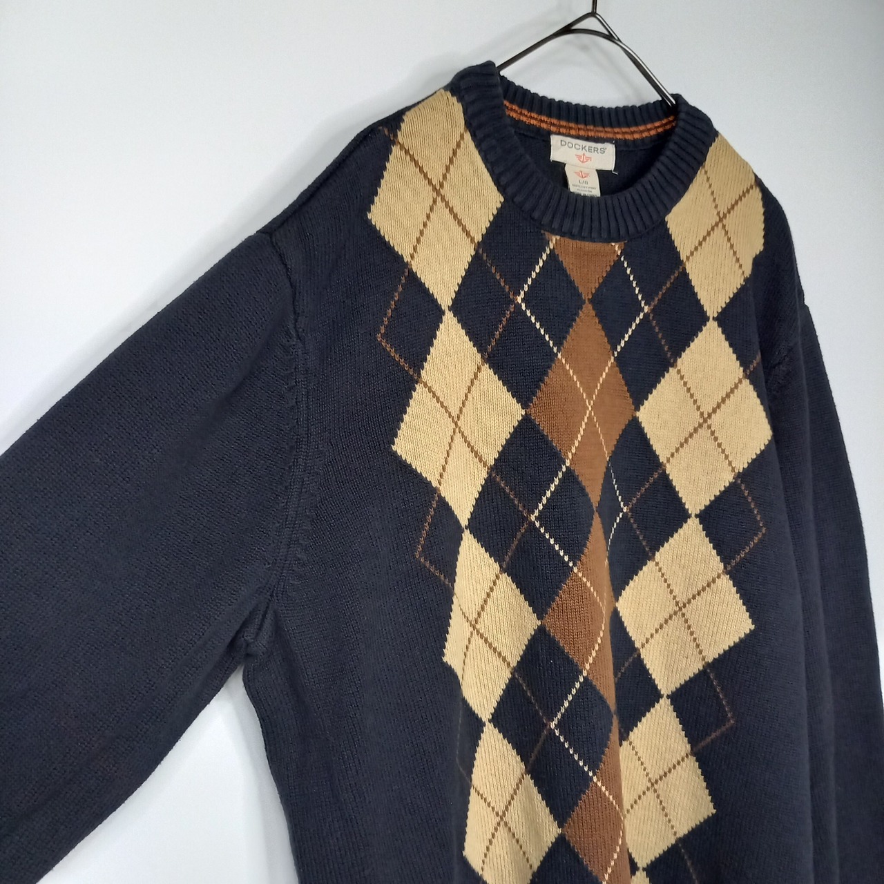 DOCKERS　クルーネック　コットンニット　セーター　アーガイル　中厚手　ミドルゲージ　ダークネイビー　L/G