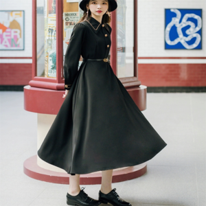 【送料無料】 ロングドレス ワンピース 衣装 ミモレ 長袖 Vネック 襟付き Aライン フレア エレガント 可愛い 大人可愛い きれいめ シンプル カジュアル シック コンサバ 華やか 大人 上品 おしゃれ お洒落 レトロ 主役級 こなれ感 高見え 高級感 フェミニン 無地 秋 冬 20代 30代 40代 レディース 女性用 お出かけ 女子会 お呼ばれ 休日 お茶会 入学式 入園式 結婚式 二次会 パーティ 演奏会 普段使い ファッション コーデ スタイル 体型カバー 定番 着痩せ 垢抜け 存在感