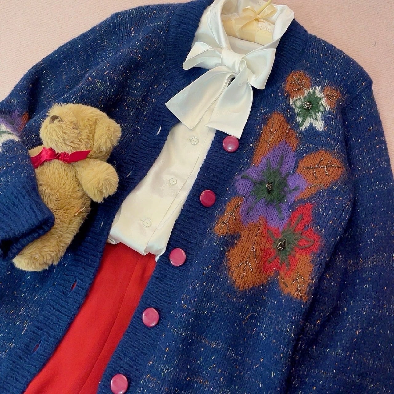 lame flower liner knit cardigan