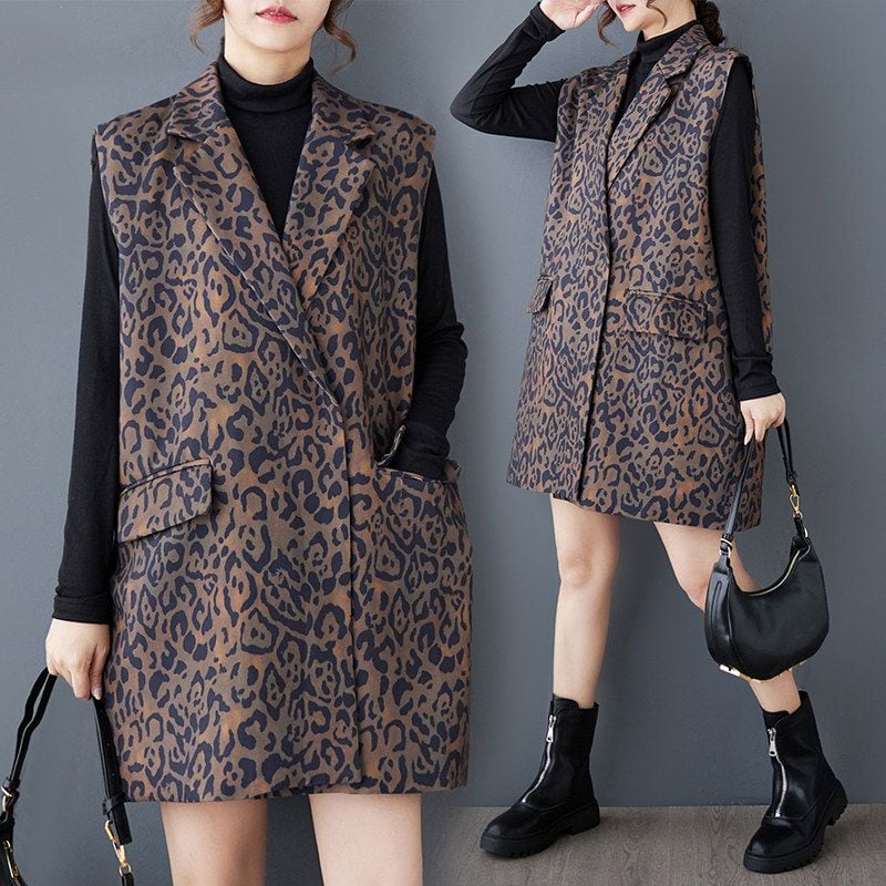LEOPARD PRINT NOTCHED COLLAR SLEEVELESS VEST M-18860
