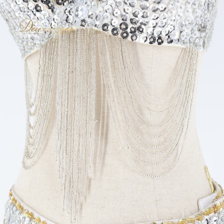 【ベリーダンス用 オリエンタル衣装】ホワイト×シルバー 装飾 豪華 白 ラメ ベリーダンス用 オリエンタル衣装】ホワイト×シルバー 装飾 豪華 白