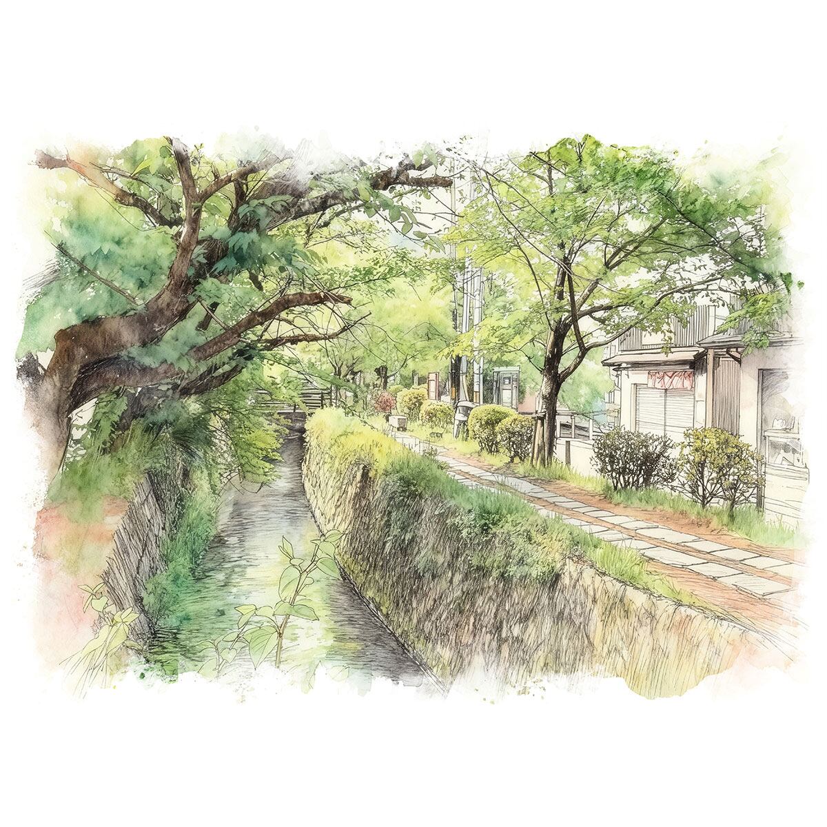 絵画 風景画(街並み) 日本 京都府 哲学の道 インテリアアート額付き 水彩画・油絵風 WAT1547