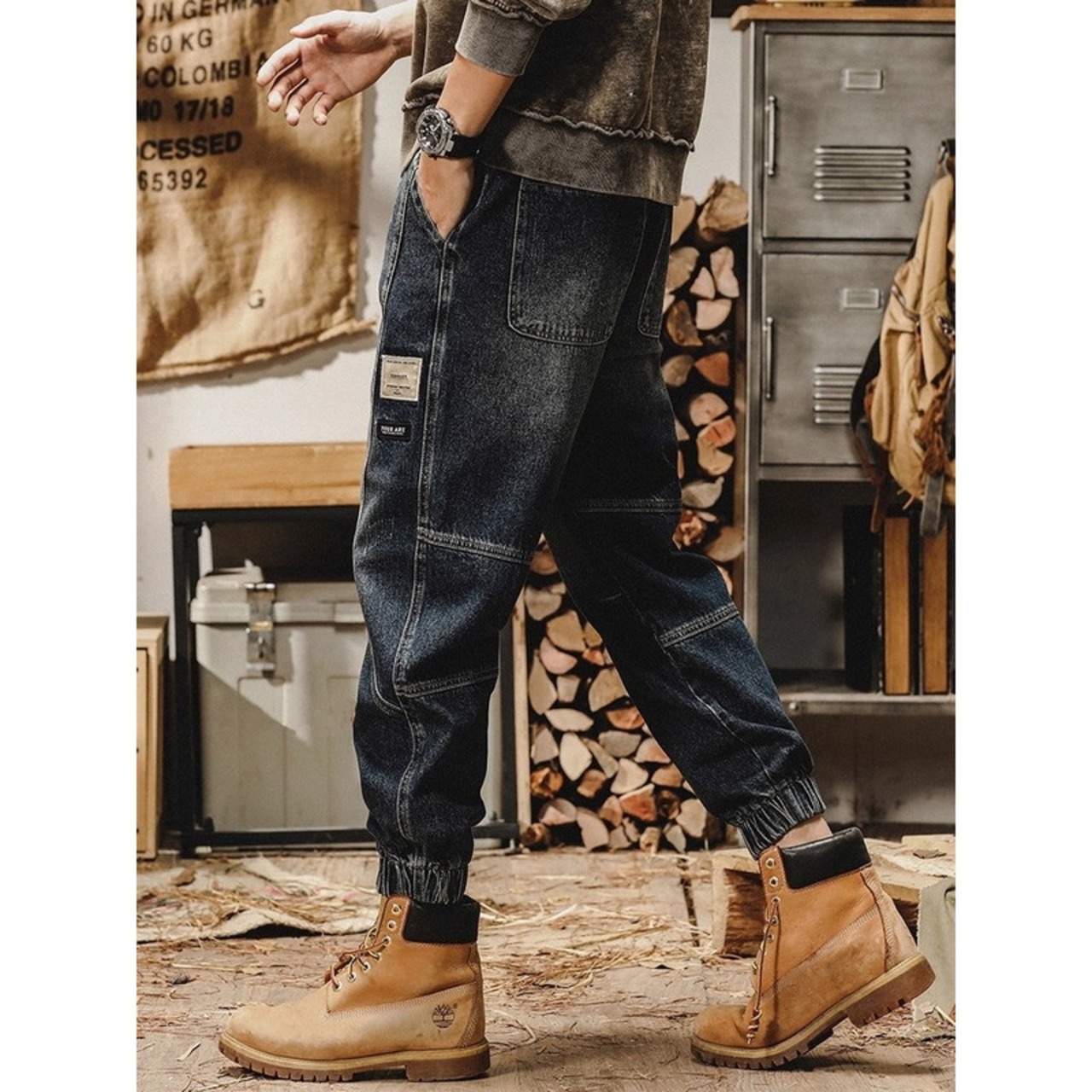 Denim pants with ribbed cuffs work style ◇2color H0789