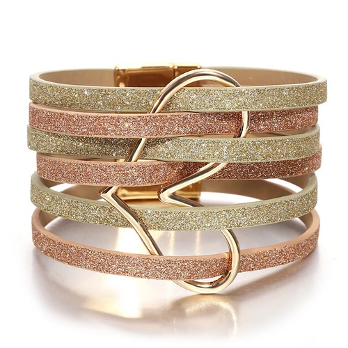 ブレスレット  ハート レザー LOVE レディース トレンド 大 ラップ BOHO 光沢 スパンコール 多層