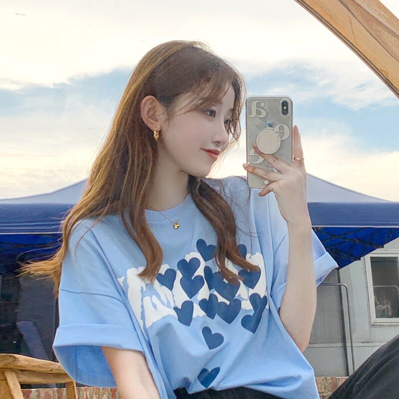 ブルーTシャツ サマー薄手ルーズ 夏物 試着室7066248098