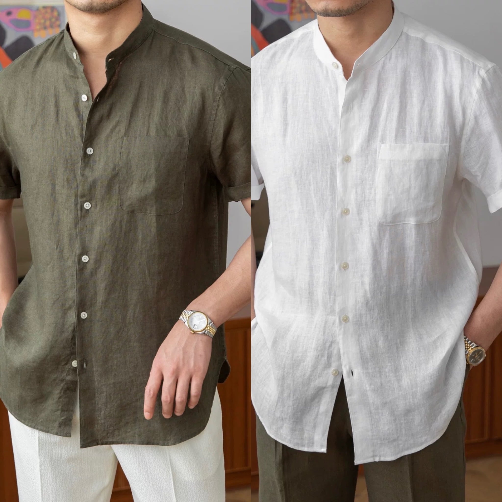 ノーカラーリネンシャツ【半袖】