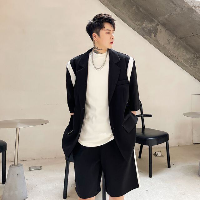 【予約販売】メンズ セットアップ 上下 バイカラー ハーフパンツ 半袖 ジャケット 無地 ライン ホワイト ブラック スーツ フォーマル 結婚式 パーティー カジュアル 春夏秋 M/L/XL