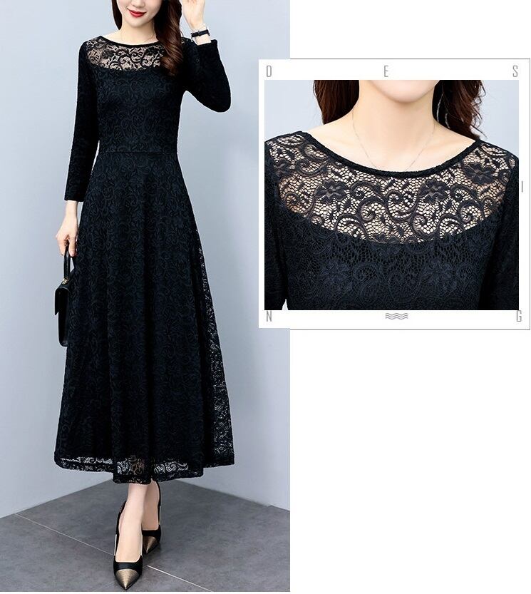 ワンピース フレアワンピース ワンピドレス ミモレ ミモレ丈 ロング ロング丈 9分丈 長袖 ラウンドネック フレア スリム タイト 細身 裾ワイド レース ハイウエスト 透け感 かわいい 大人可愛い きれいめ シンプル 大人 上品 おしゃれ エレガント フォーマル 春 夏 秋 冬 オールシーズン シーズンレス 謝恩会 結婚式 二次会 披露宴 10代 20代 30代 40代 50代 レディース お出かけ パーティー イベント 美脚 脚長 M L XL 2XL 3XL 4XL 5XL ジャスト ブラック
