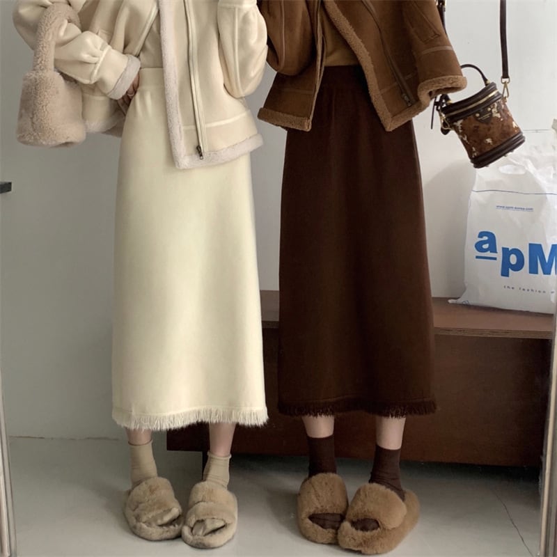 【bottoms】フリンジ スリット ニットスカート L1016