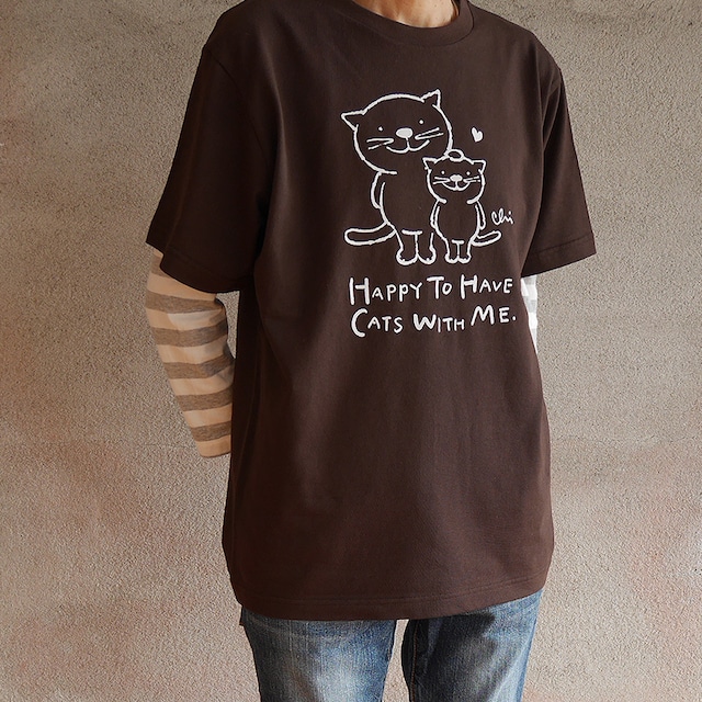 にゃんきーとすＴシャツ「ねこがいてよかった」ダークチョコレート×ライトグレー