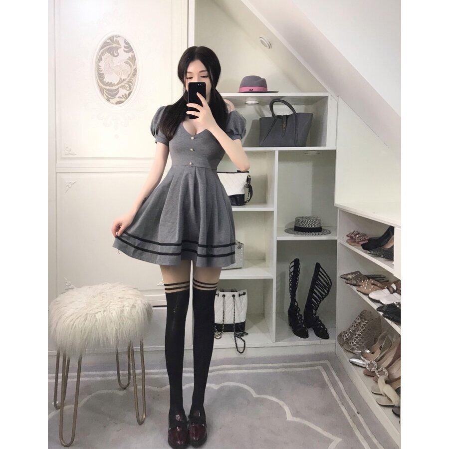 ミニ丈ワンピース ハートネックワンピース 韓国ファッション 半袖 春 夏 黒 赤 グレー バルーン袖 Aライン フェミニン セクシー 3色 韓国の可愛いレディースアパレルのセレクトショップ Kilalion キラリオン