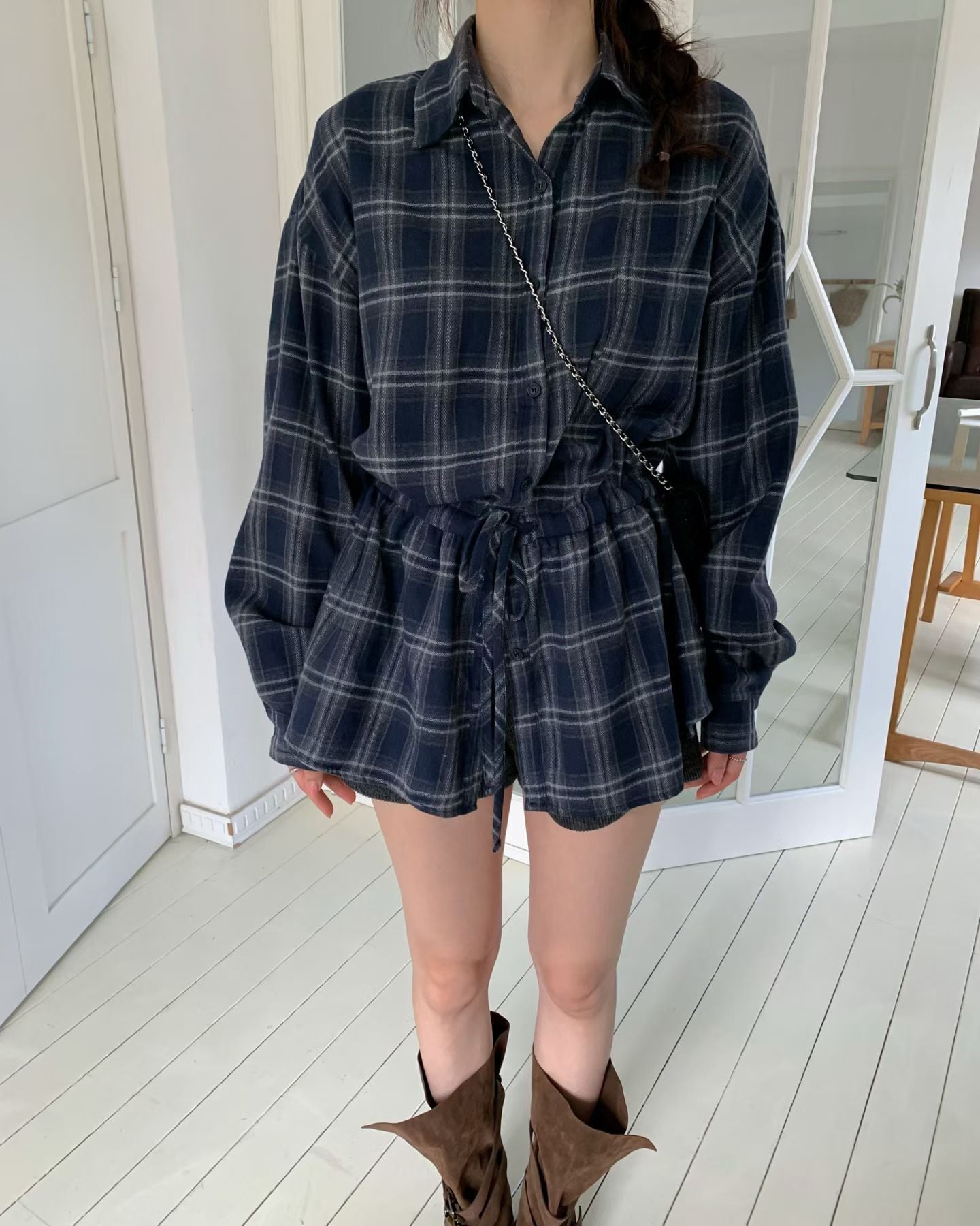 (即納)ezediary / Brushed Check String Shirt / navy