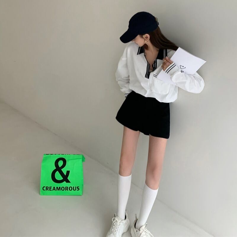 ホワイトオータムスタンダードカラートップス ルーズストライプジャケット ロング レトロ 秋物 ガールズファッション44605835682