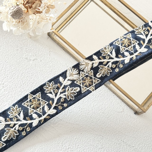 スター　[ネイビー]　インド刺繍リボン　3410