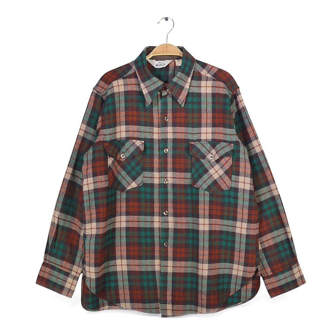 70s ウールリッチ ヴィンテージ ウールシャツ グリーン ブラウン WOOLRICH サイズXL 古着 CA1503