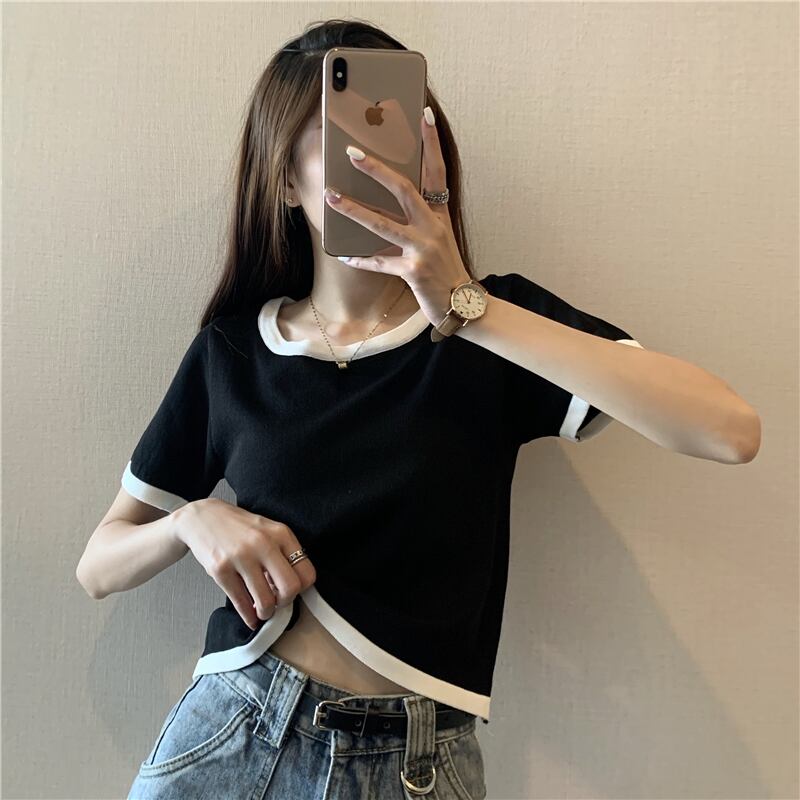 ブラックセーター スプリングオータムスリム半袖スリーブクロップトップ トップス ショート ハーフスリーブ 春物 秋物 1号婦人4420870711